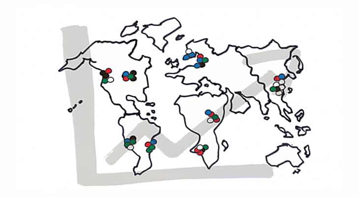 World map with a graph going up